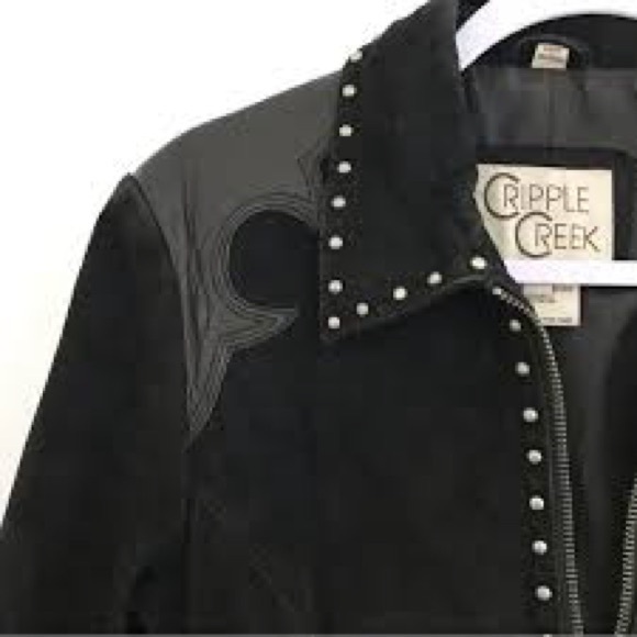 Black Suede Cripple Creek Jacket leather studded cross design on back zip cuffs - Picture 4 of 4